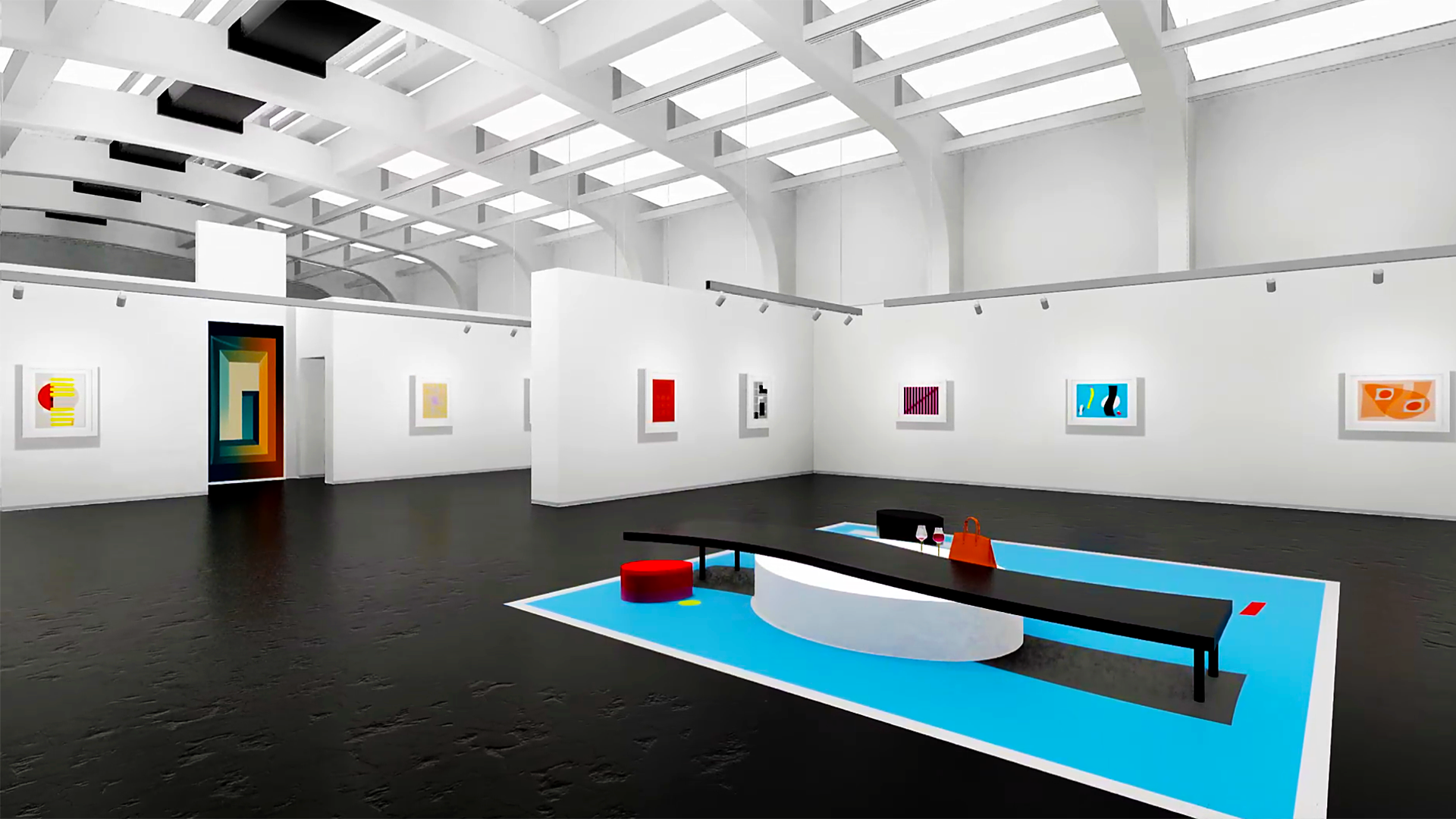 Robert Richardson hall: abstract works on white walls under a daylight skylight