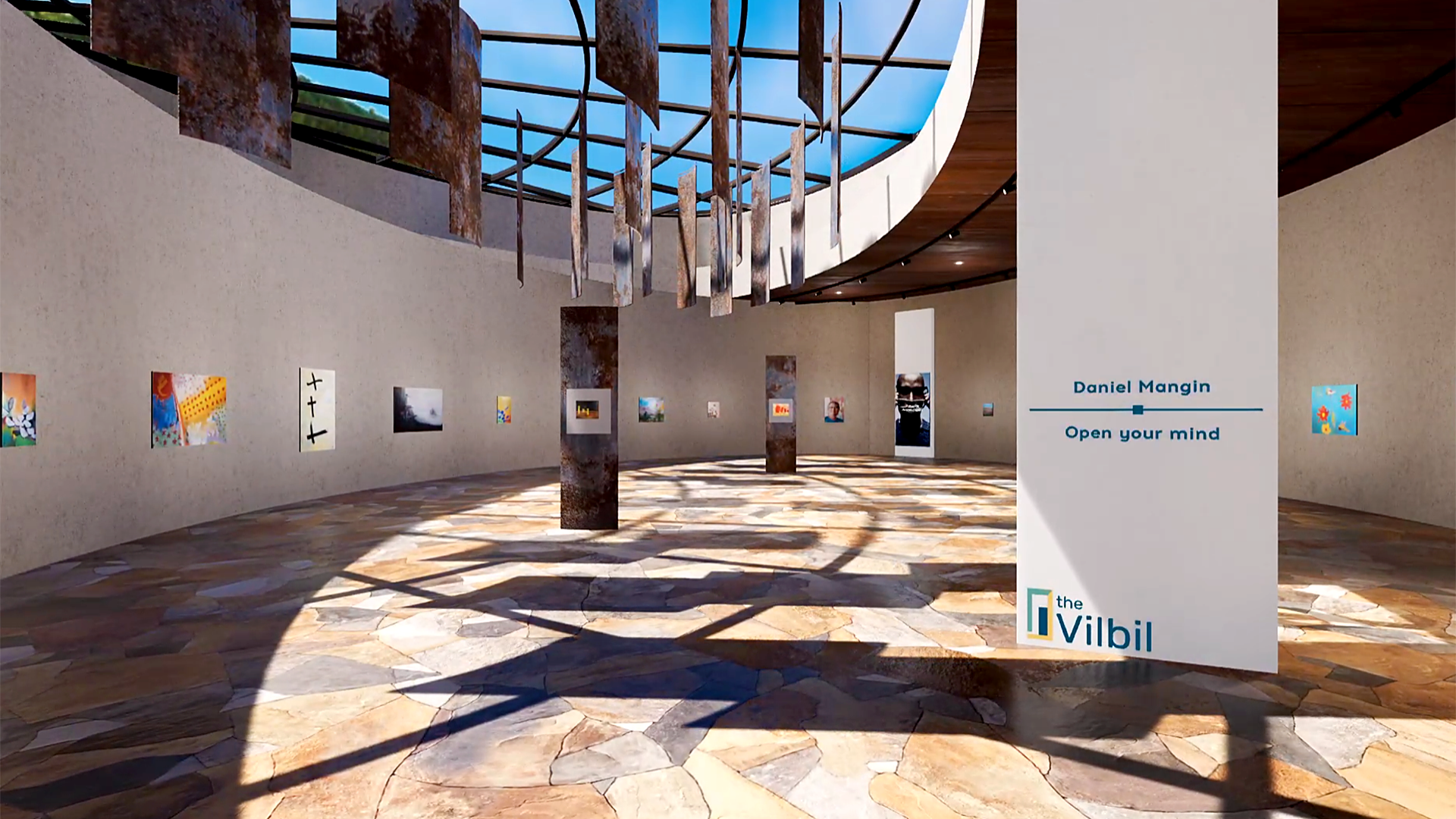 Daniel Mangin hall: a round room under a glass dome, sculptures hanging over a stone floor