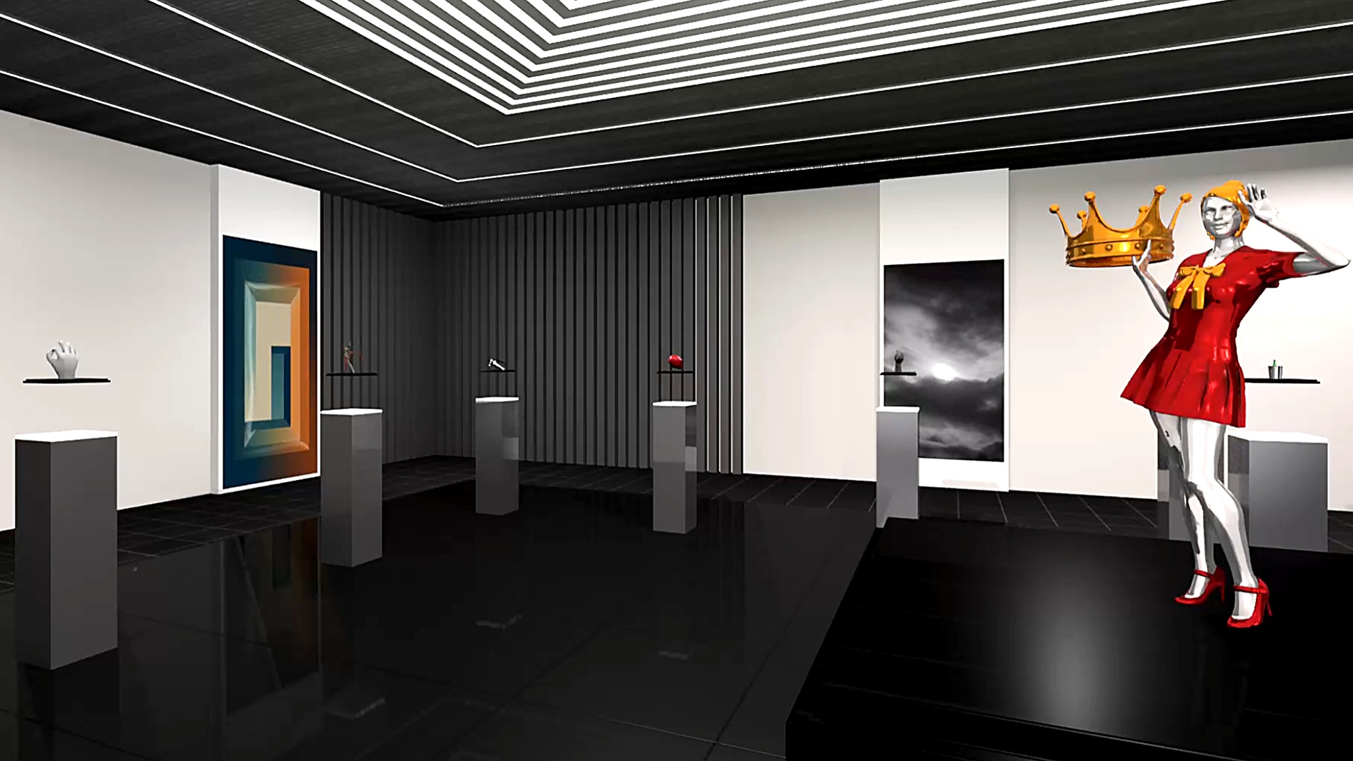 NHOMM hall: photographs and objects on plinths in a dark room, a pop-art figure in red