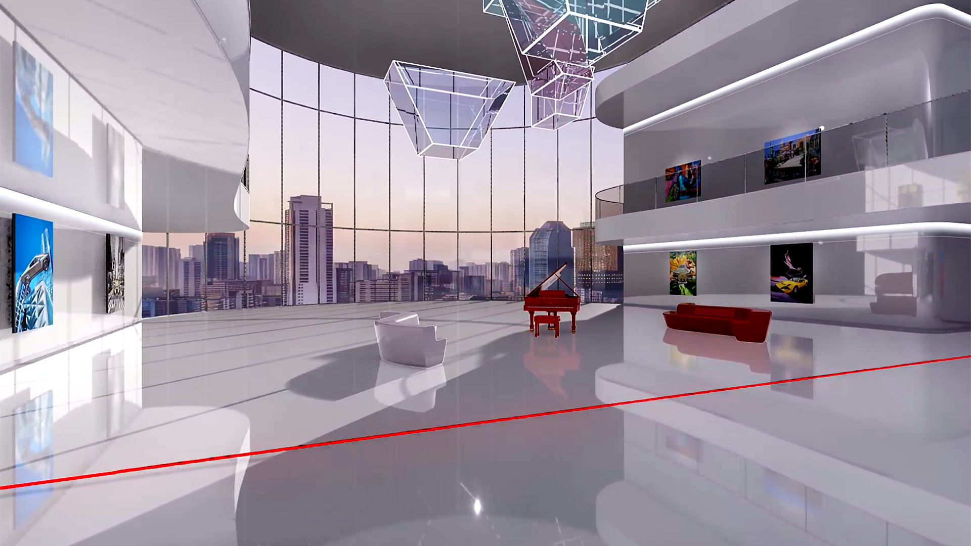 Irina Shulz hall: a glass room above the city skyline, works on white shelves, a red piano