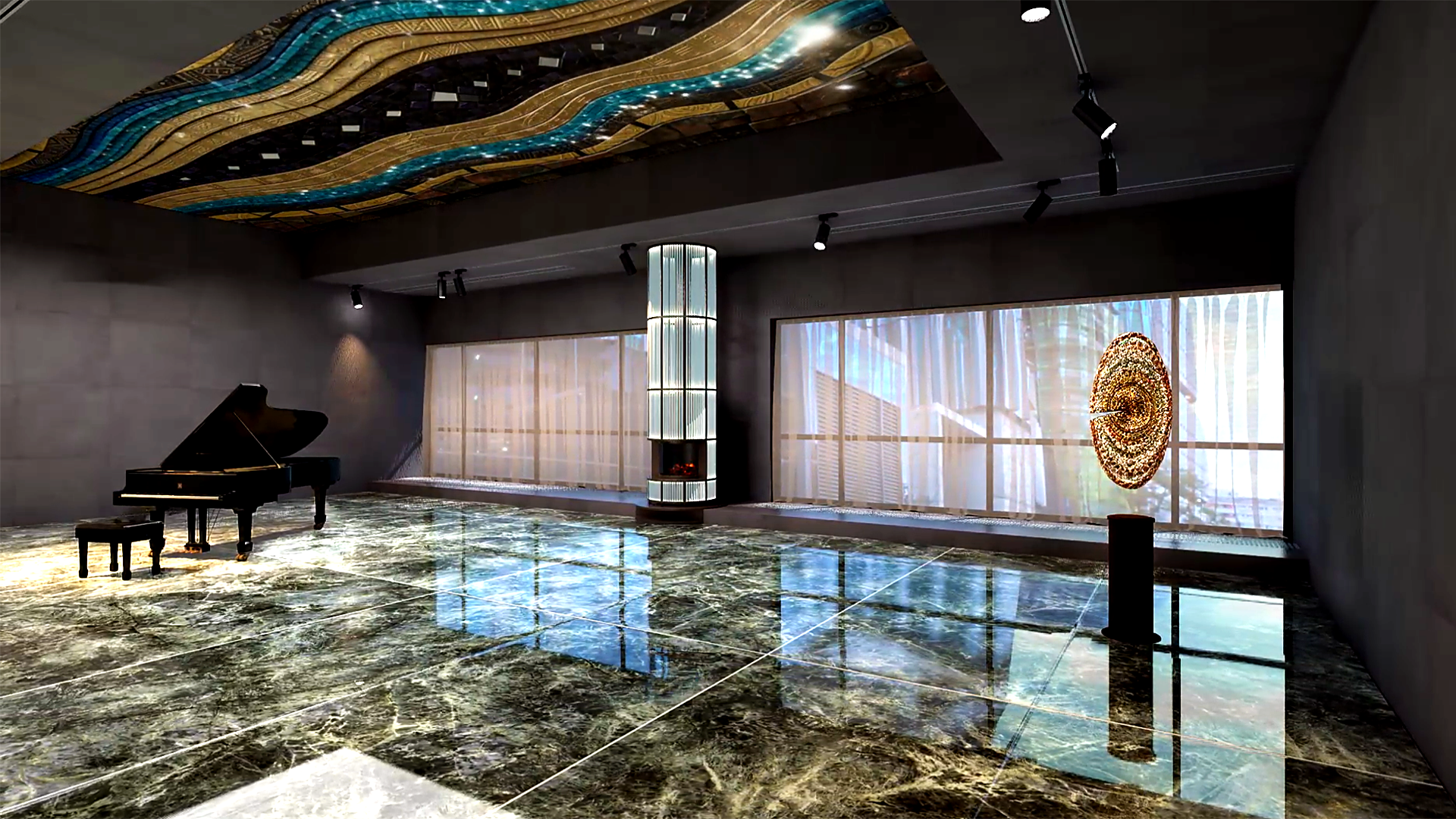 Room 401: a concrete hall with a marbled ceiling, a grand piano and a lit display case