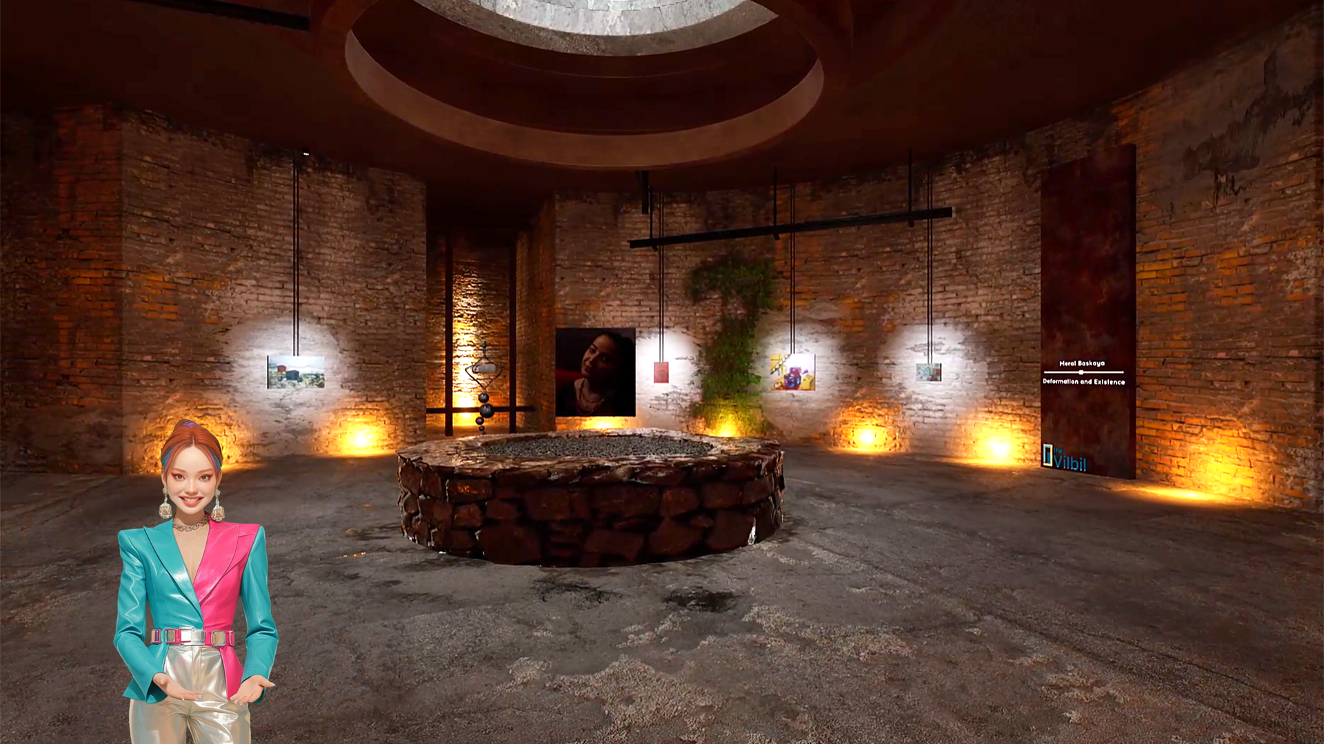 Meral Başkaya hall: a round brick room under a domed skylight; Lyra, the AI guide, waits by the wall
