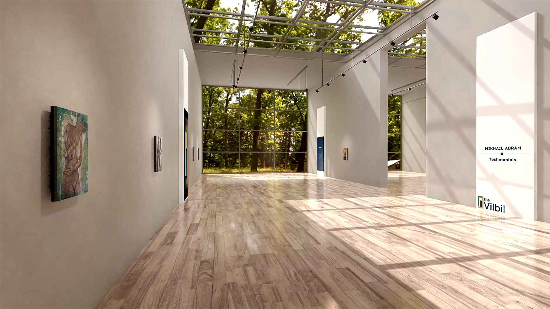 Mikhail Abram hall: a light room with a wooden floor and a glass wall onto the forest