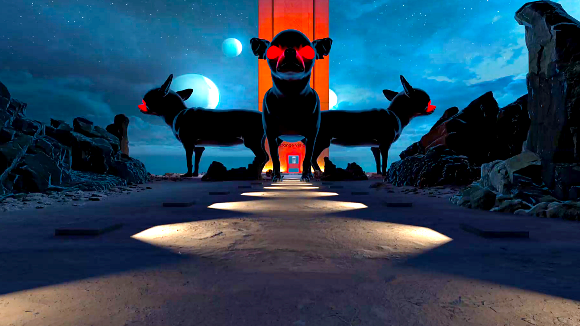 James Baxter hall: a moonlit landscape with giant sculpted dogs and a glowing red portal